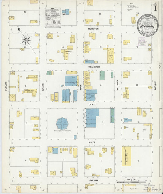 Sanborn Fire Insurance Map from Meridian, Bosque County, Texas (1903), Sheet #0001 - Historic Sanborn Fire Insurance Map Print, vintage old map wall art, antique decor, genealogy gift, Texas Texas map