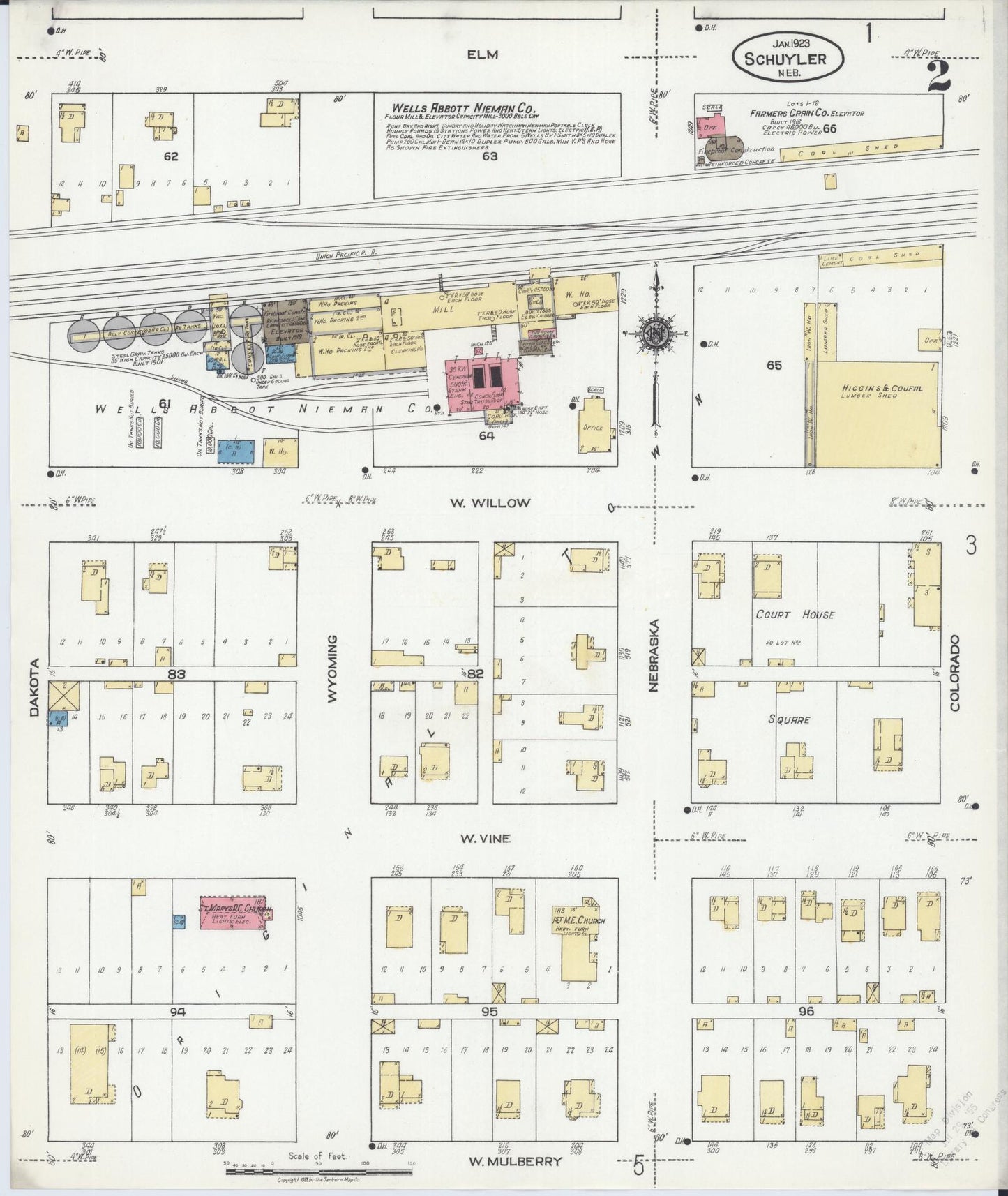 Sanborn Fire Insurance Map from Schuyler, Colfax County, Nebraska (1923), Sheet #0002 - Historic Sanborn Fire Insurance Map Print, vintage old map wall art, antique decor, genealogy gift, Nebraska Nebraska map