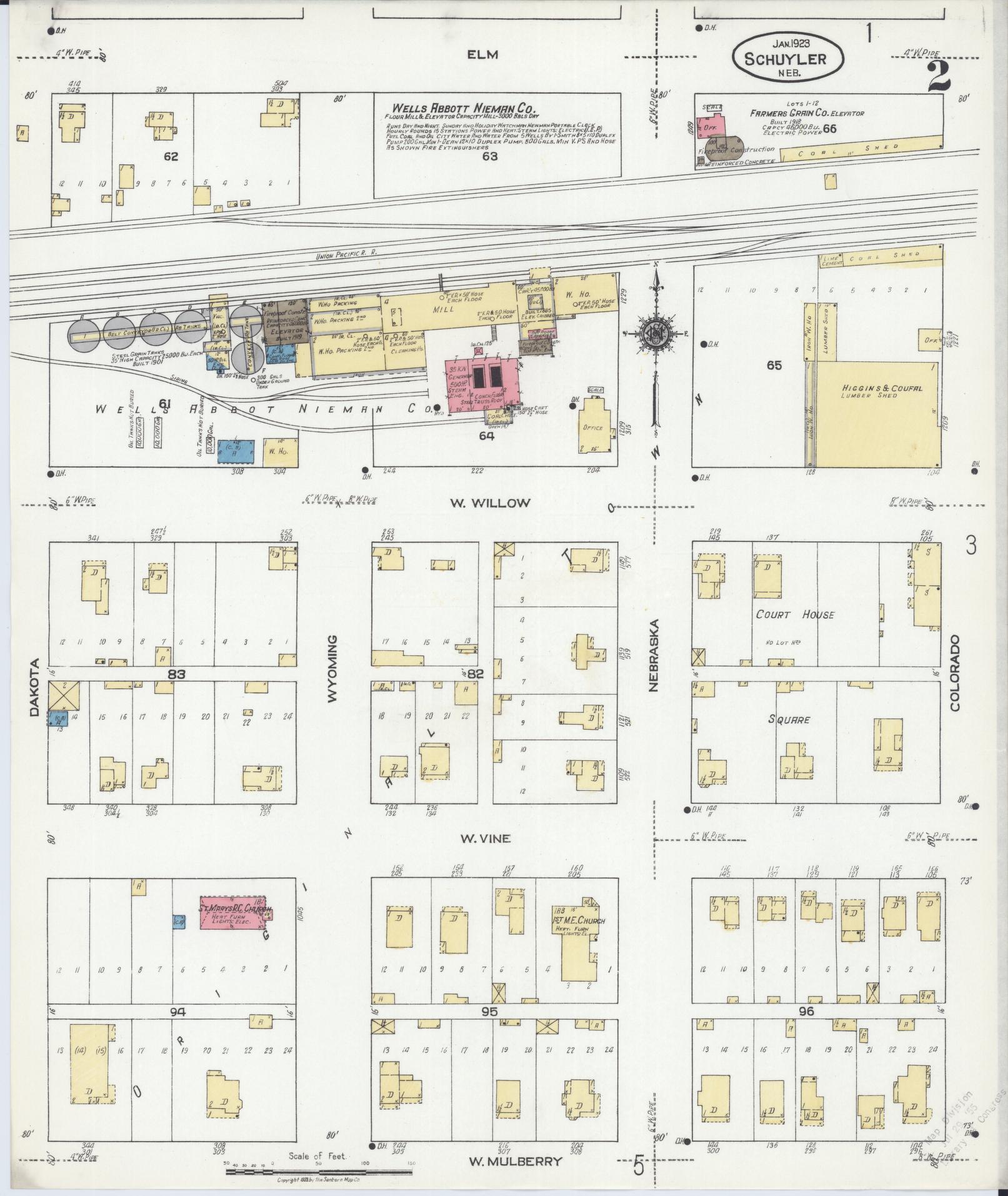 Sanborn Fire Insurance Map from Schuyler, Colfax County, Nebraska (1923), Sheet #0002 - Historic Sanborn Fire Insurance Map Print, vintage old map wall art, antique decor, genealogy gift, Nebraska Nebraska map