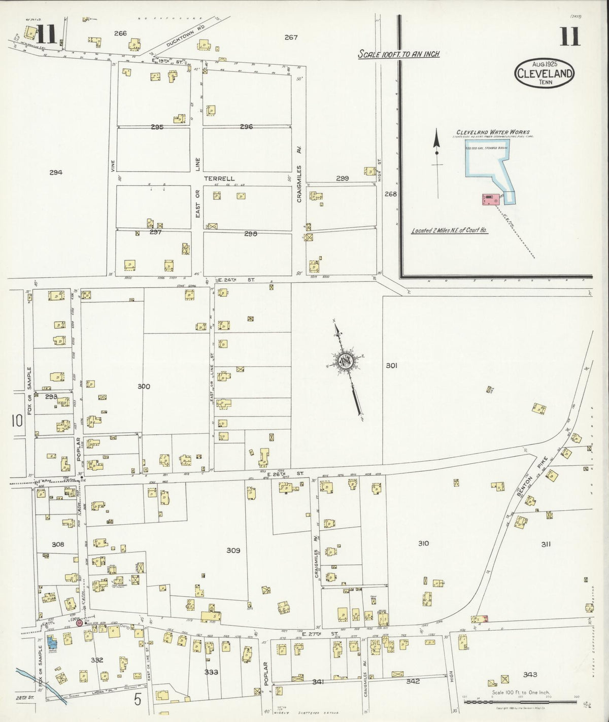 Sanborn Fire Insurance Map from Cleveland, Bradley County, Tennessee (1925), Sheet #0011 - Complete Map Set gallery image, historic Sanborn map, vintage wall art, Tennessee Tennessee