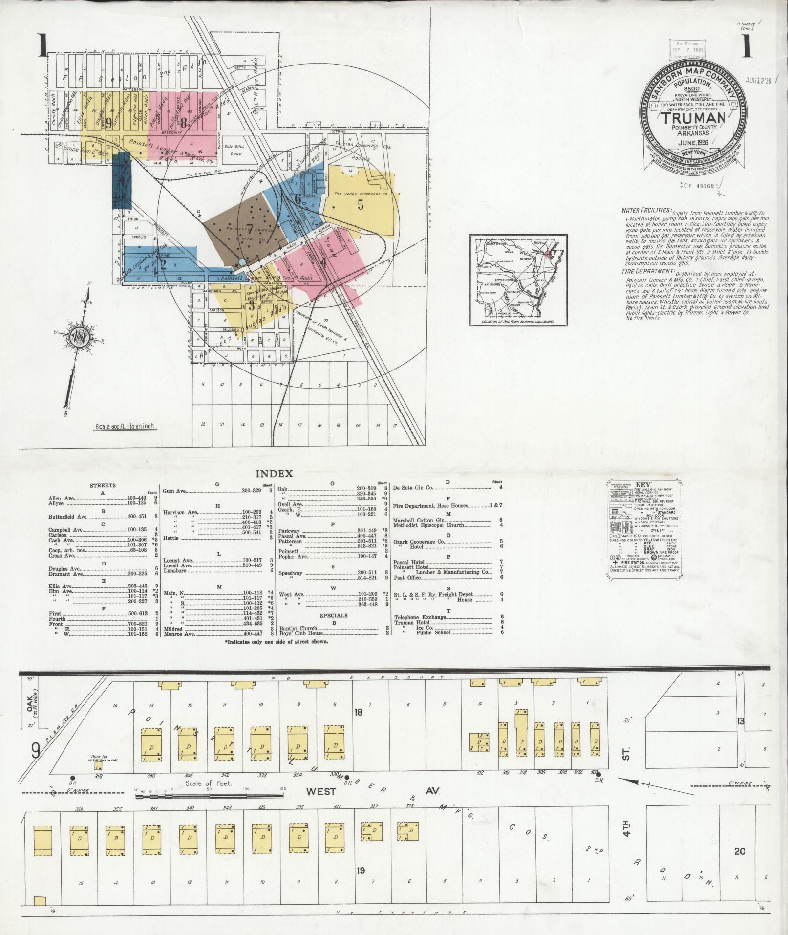 Sanborn Fire Insurance Map from Truman, Poinsett County, Arkansas (1926), Sheet #0001 - Historic Sanborn Fire Insurance Map Print, vintage old map wall art, antique decor, genealogy gift, Arkansas Arkansas map
