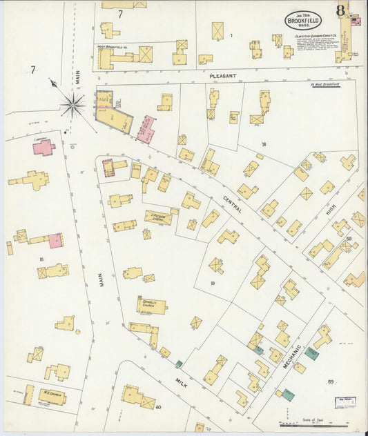 Sanborn Fire Insurance Map from Brookfield, Worcester County, Massachusetts (1904), Sheet #0008 - Historic Sanborn Fire Insurance Map Print, vintage old map wall art, antique decor, genealogy gift, Massachusetts Massachusetts map
