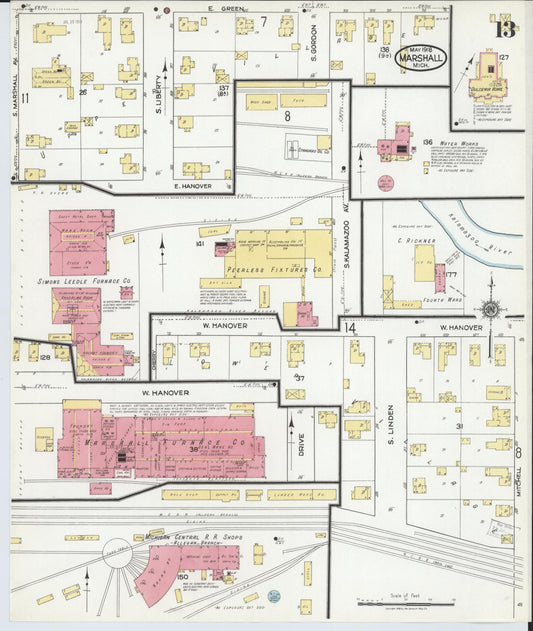 Sanborn Fire Insurance Map from Marshall, Calhoun County, Michigan (1916), Sheet #0013 - Historic Sanborn Fire Insurance Map Print, vintage old map wall art, antique decor, genealogy gift, Michigan Michigan map