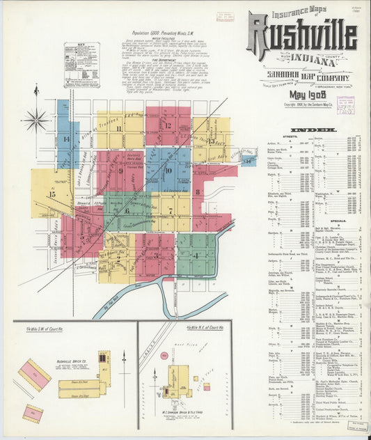 Sanborn Fire Insurance Map from Rushville, Rush County, Indiana (1908), Sheet #0001 - Historic Sanborn Fire Insurance Map Print, vintage old map wall art, antique decor, genealogy gift, Indiana Indiana map