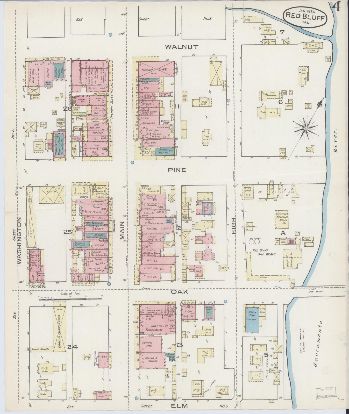 Sanborn Fire Insurance Map from Red Bluff, Tehama County, California (1886), Sheet #0004 - Complete Map Set gallery image, historic Sanborn map, vintage wall art, California California