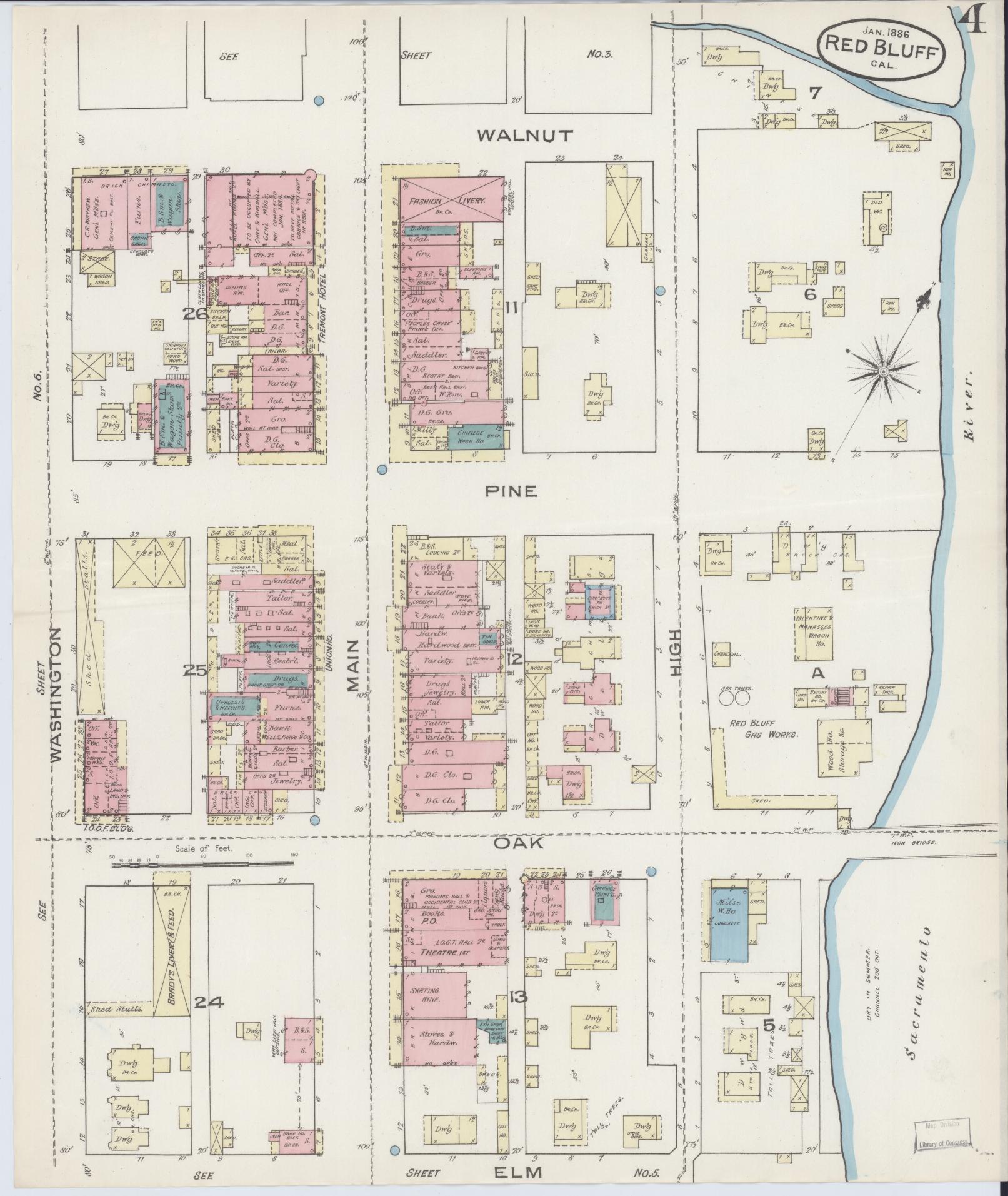 Sanborn Fire Insurance Map from Red Bluff, Tehama County, California (1886), Sheet #0004 - Complete Map Set gallery image, historic Sanborn map, vintage wall art, California California