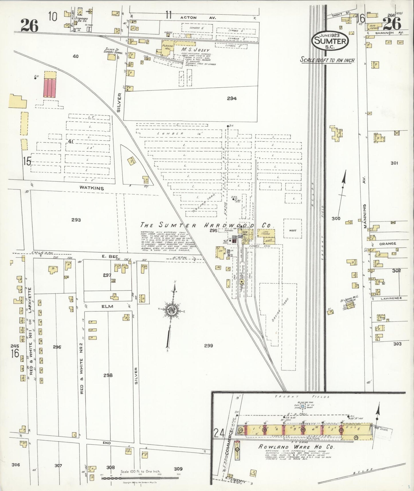 Sanborn Fire Insurance Map from Sumter, Sumter County, South Carolina (1923), Sheet #0026 - Historic Sanborn Fire Insurance Map Print, vintage old map wall art, antique decor, genealogy gift, South Carolina South Carolina map