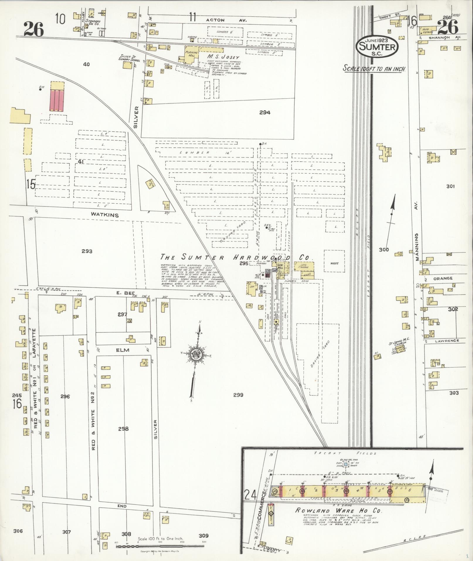 Sanborn Fire Insurance Map from Sumter, Sumter County, South Carolina (1923), Sheet #0026 - Historic Sanborn Fire Insurance Map Print, vintage old map wall art, antique decor, genealogy gift, South Carolina South Carolina map