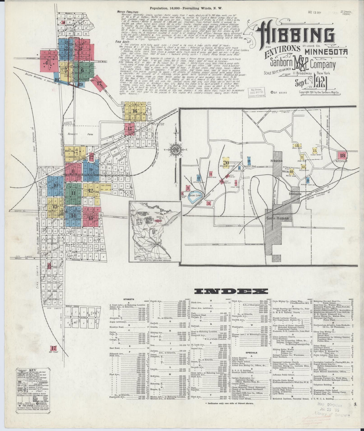 Sanborn Fire Insurance Map from Hibbing, Saint Louis County, Minnesota (1921), Sheet #0001 - Historic Sanborn Fire Insurance Map Print, vintage old map wall art, antique decor, genealogy gift, Minnesota Minnesota map
