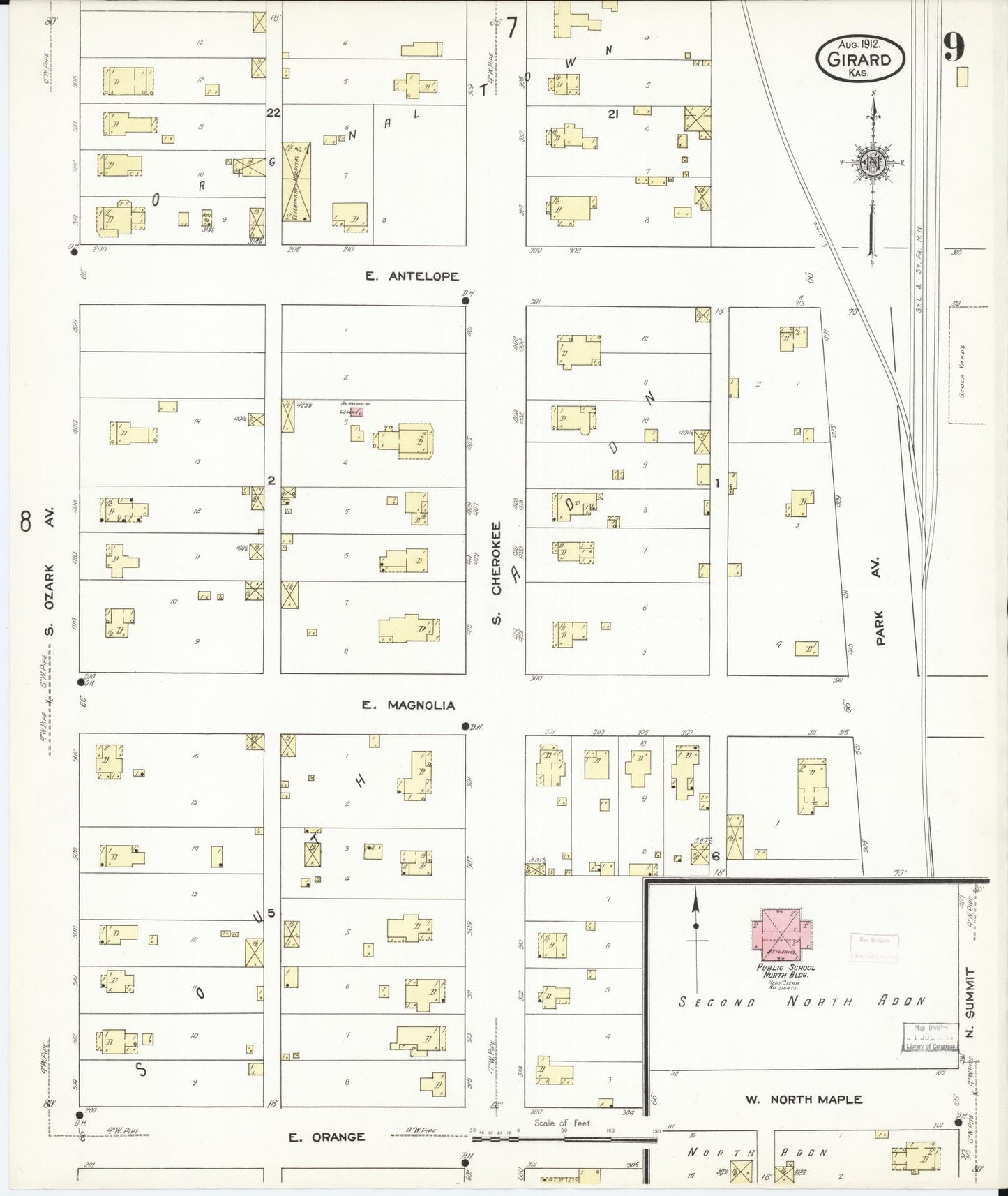 Sanborn Fire Insurance Map from Girard, Crawford County, Kansas (1912), Sheet #0009 - Historic Sanborn Fire Insurance Map Print, vintage old map wall art, antique decor, genealogy gift, Kansas Kansas map