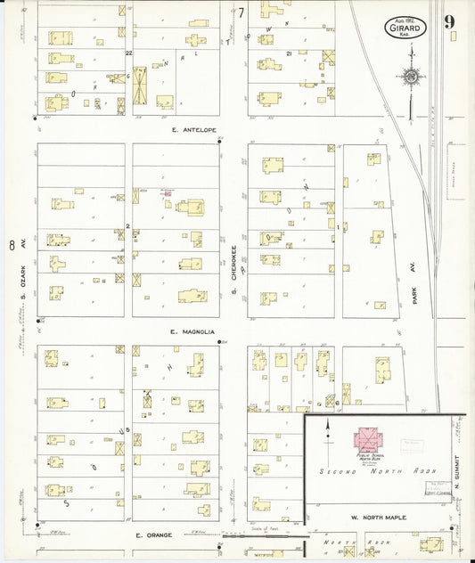 Sanborn Fire Insurance Map from Girard, Crawford County, Kansas (1912), Sheet #0009 - Historic Sanborn Fire Insurance Map Print, vintage old map wall art, antique decor, genealogy gift, Kansas Kansas map