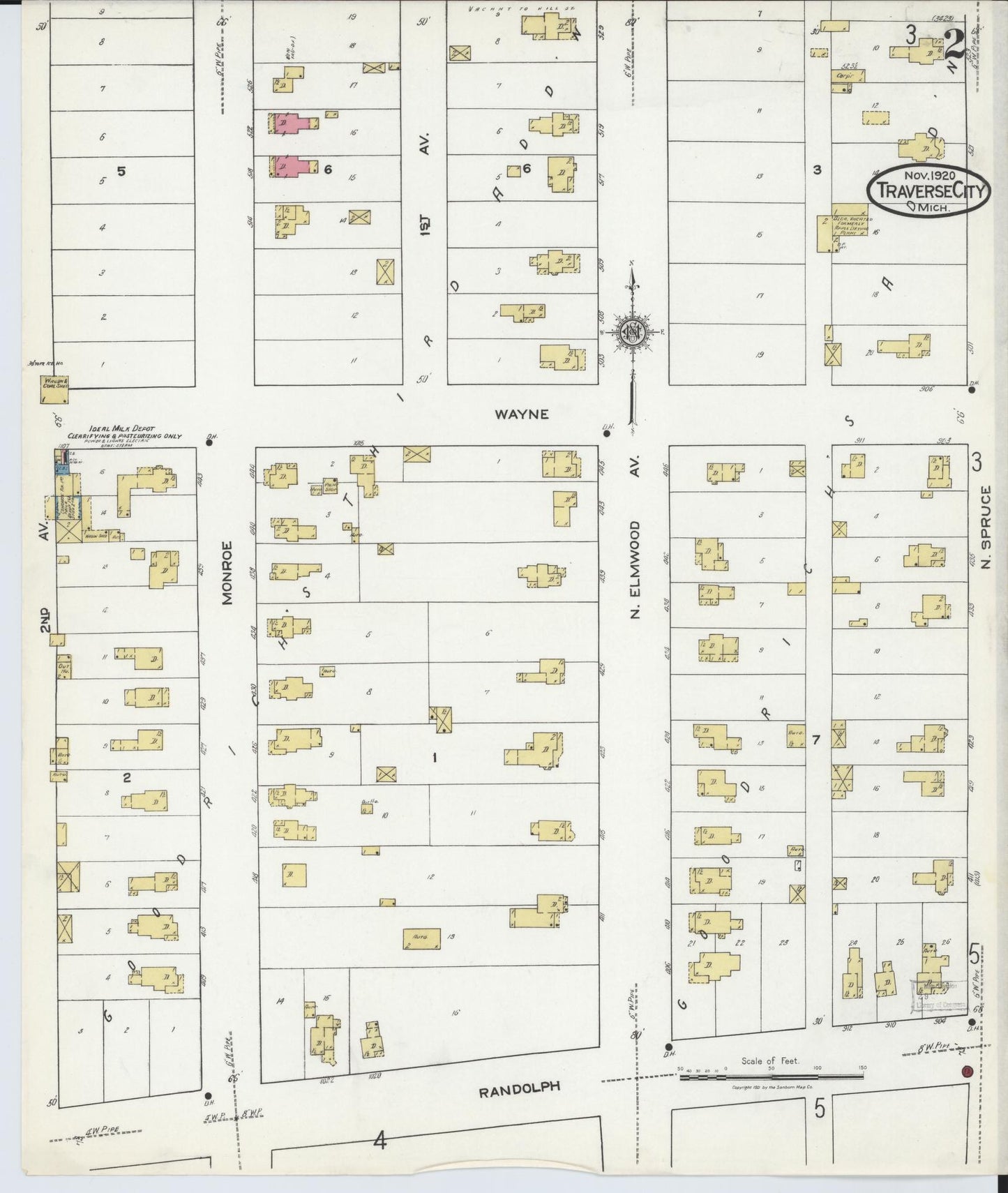 Sanborn Fire Insurance Map from Traverse City, Grand Traverse County, Michigan (1920), Sheet #0002 - Complete Map Set gallery image, historic Sanborn map, vintage wall art, Michigan Michigan
