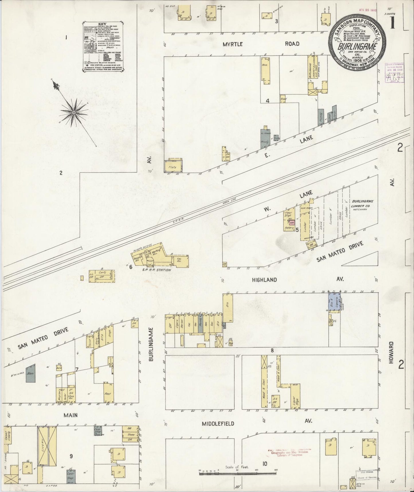 Sanborn Fire Insurance Map from Burlingame, San Mateo County, California (1908), Sheet #0001 - Complete Map Set gallery image, historic Sanborn map, vintage wall art, California California