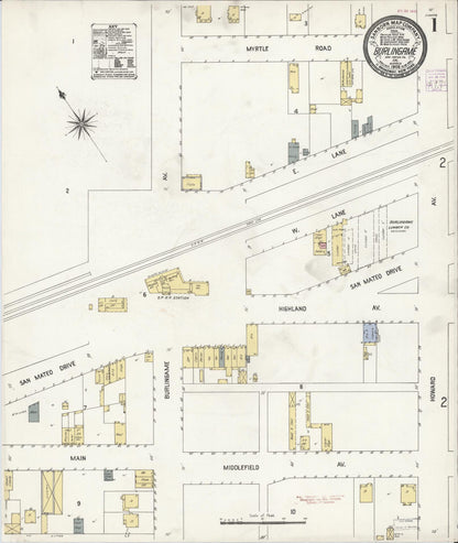 Sanborn Fire Insurance Map from Burlingame, San Mateo County, California (1908), Sheet #0001 - Complete Map Set gallery image, historic Sanborn map, vintage wall art, California California