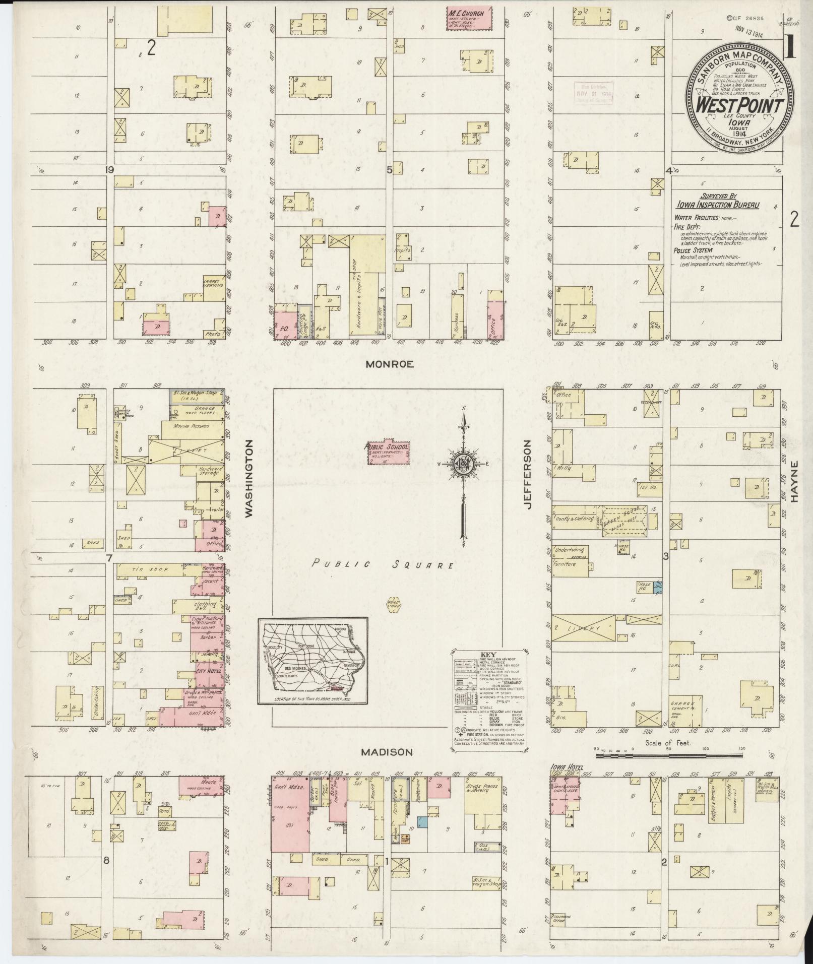 Sanborn Fire Insurance Map from West Point, Lee County, Iowa (1914), Sheet #0001 - Historic Sanborn Fire Insurance Map Print, vintage old map wall art