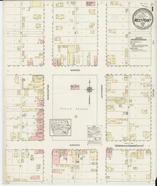 Sanborn Fire Insurance Map from West Point, Lee County, Iowa (1914), Sheet #0001 - Historic Sanborn Fire Insurance Map Print, vintage old map wall art