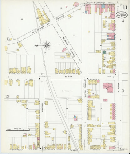 Sanborn Fire Insurance Map from Carlisle, Cumberland County, Pennsylvania (1909), Sheet #0011 - Historic Sanborn Fire Insurance Map Print, vintage old map wall art, antique decor, genealogy gift, Pennsylvania Pennsylvania map
