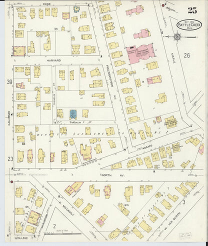 Sanborn Fire Insurance Map from Battle Creek, Calhoun County, Michigan (1913), Sheet #0025 - Historic Sanborn Fire Insurance Map Print, vintage old map wall art, antique decor, genealogy gift, Michigan Michigan map