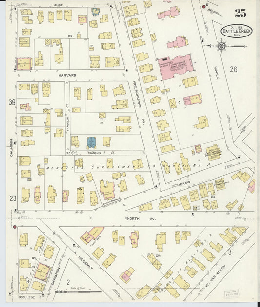 Sanborn Fire Insurance Map from Battle Creek, Calhoun County, Michigan (1913), Sheet #0025 - Historic Sanborn Fire Insurance Map Print, vintage old map wall art, antique decor, genealogy gift, Michigan Michigan map