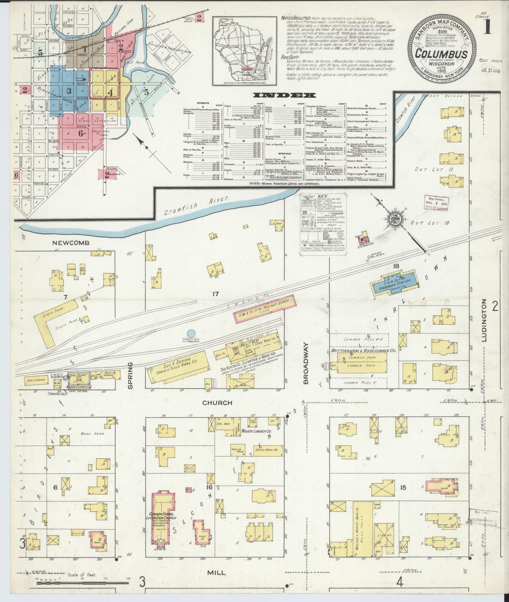 Sanborn Fire Insurance Map from Columbus, Columbia and Dodge County, Wisconsin (1915), Sheet #0001 - Complete Map Set gallery image, historic Sanborn map, vintage wall art, Wisconsin Wisconsin