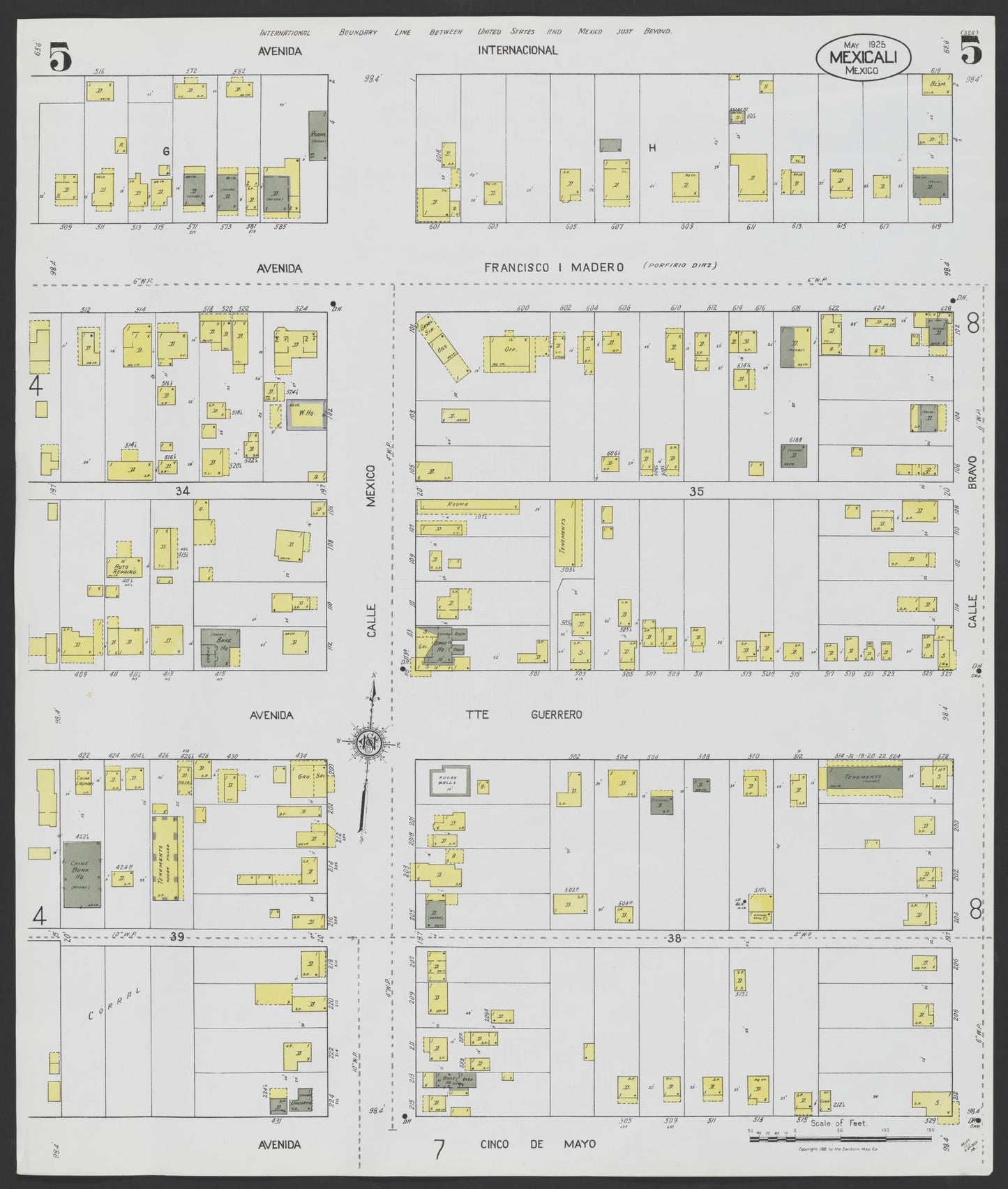 Sanborn Fire Insurance Map from Mexicali, Baja California (Mexico) (1925), Sheet #0005 - Complete Map Set gallery image, historic Sanborn map, vintage wall art, California California