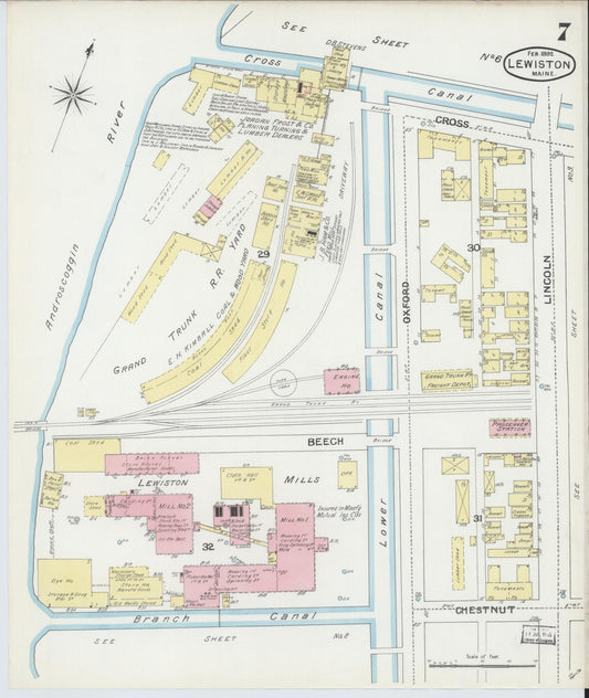 Sanborn Fire Insurance Map from Lewiston, Androscoggin County, Maine (1892), Sheet #0007 - Historic Sanborn Fire Insurance Map Print, vintage old map wall art, antique decor, genealogy gift, Maine Maine map