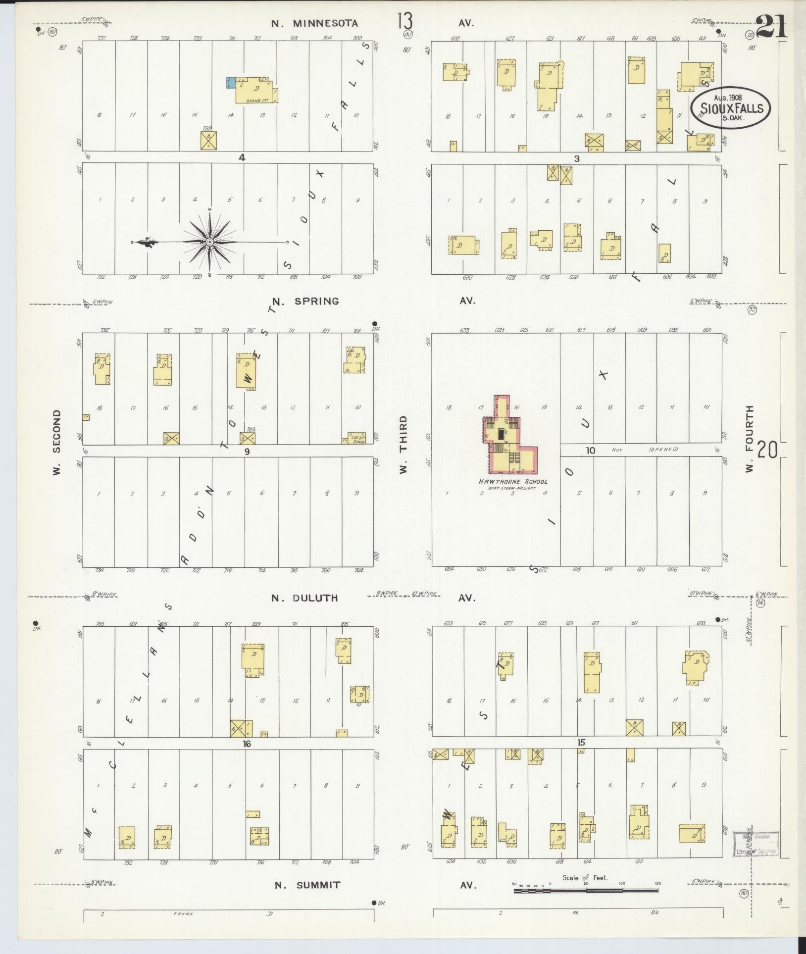 Sanborn Fire Insurance Map from Sioux Falls, Minnehaha County, South Dakota (1908), Sheet #0021 - Historic Sanborn Fire Insurance Map Print, vintage old map wall art, antique decor, genealogy gift, South Dakota South Dakota map