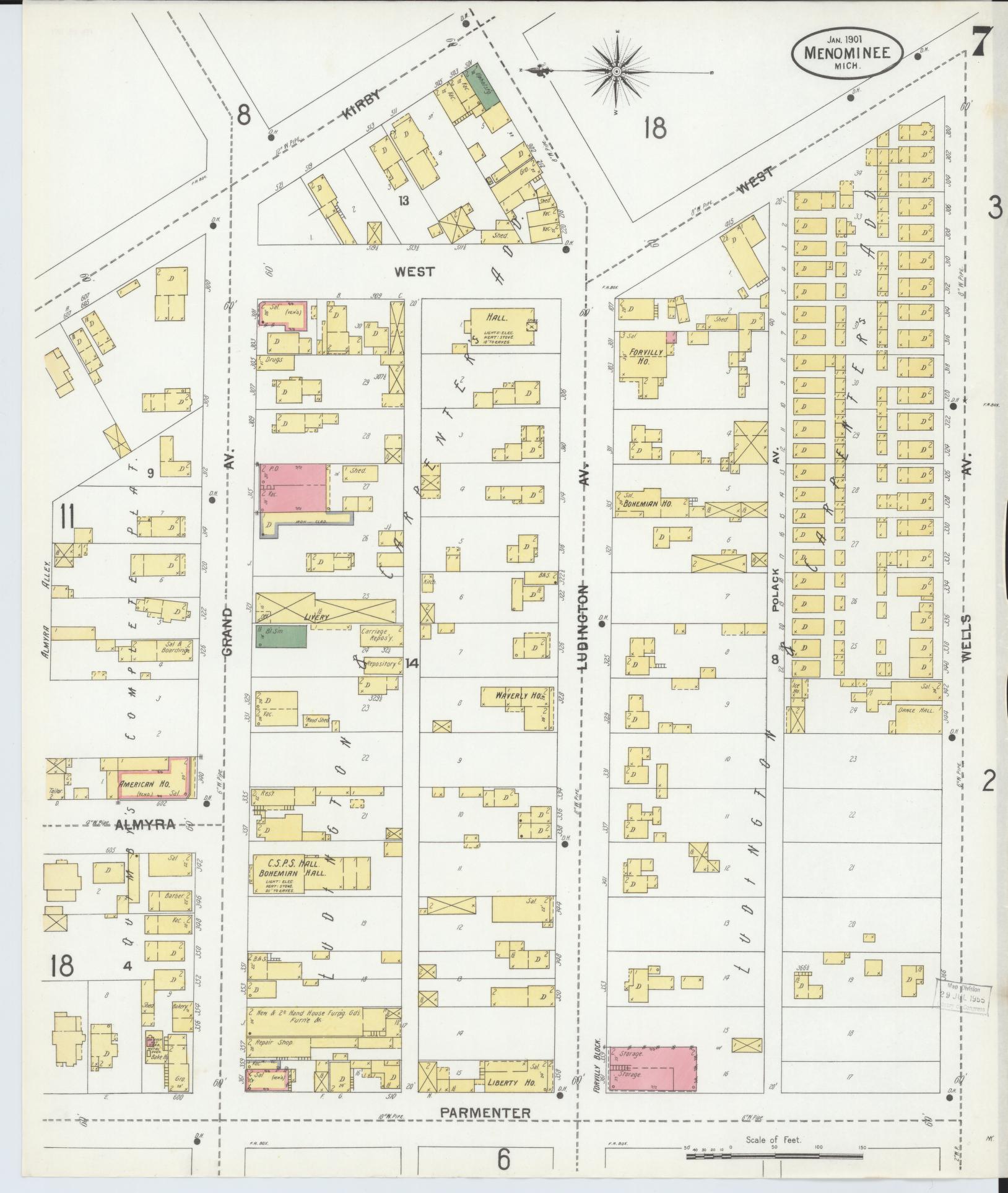 Sanborn Fire Insurance Map from Menominee, Menominee County, Michigan (1901), Sheet #0007 - Complete Map Set gallery image, historic Sanborn map, vintage wall art, Michigan Michigan