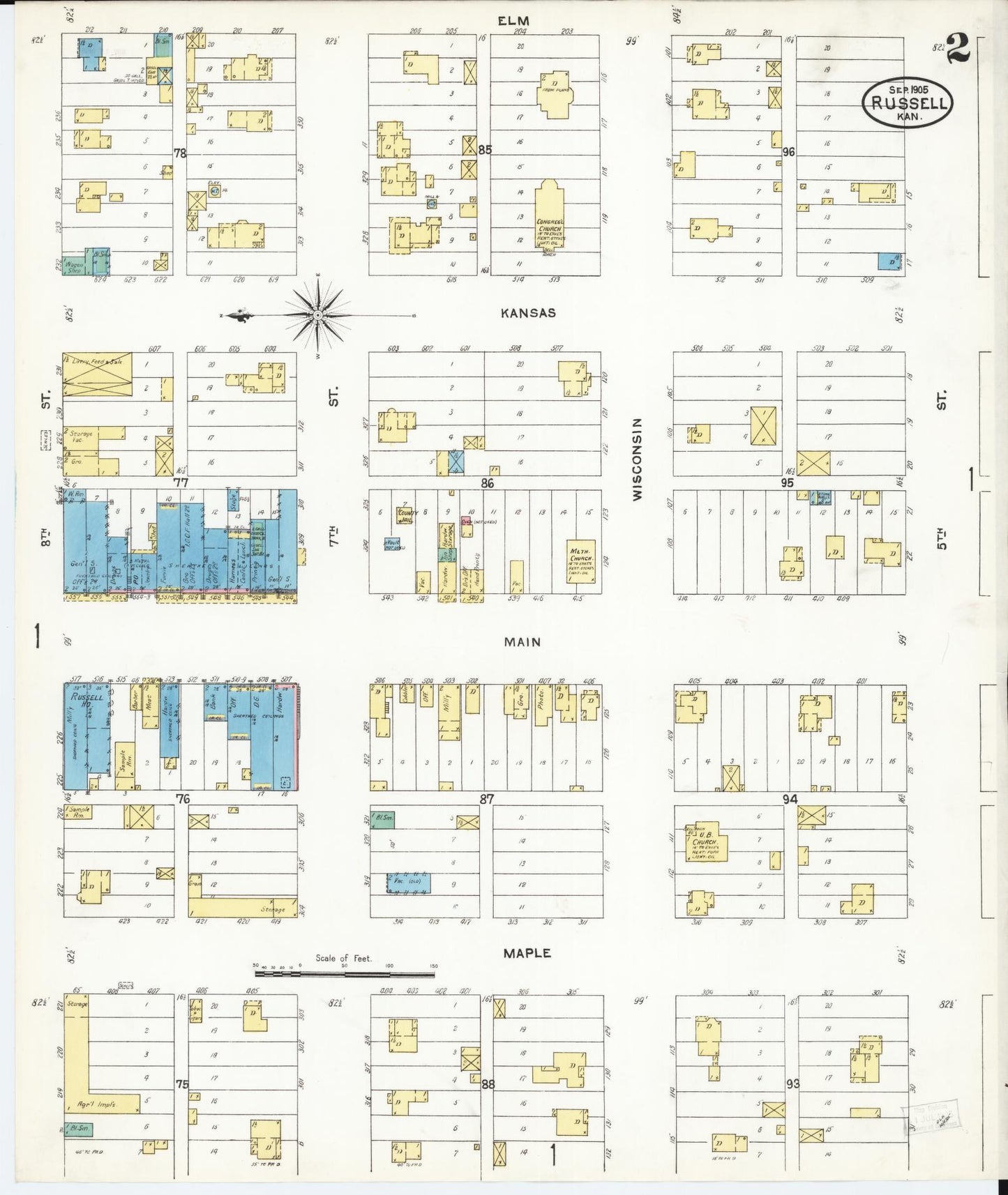 Sanborn Fire Insurance Map from Russell, Russell County, Kansas (1905), Sheet #0002 - Complete Map Set gallery image, historic Sanborn map, vintage wall art, Kansas Kansas