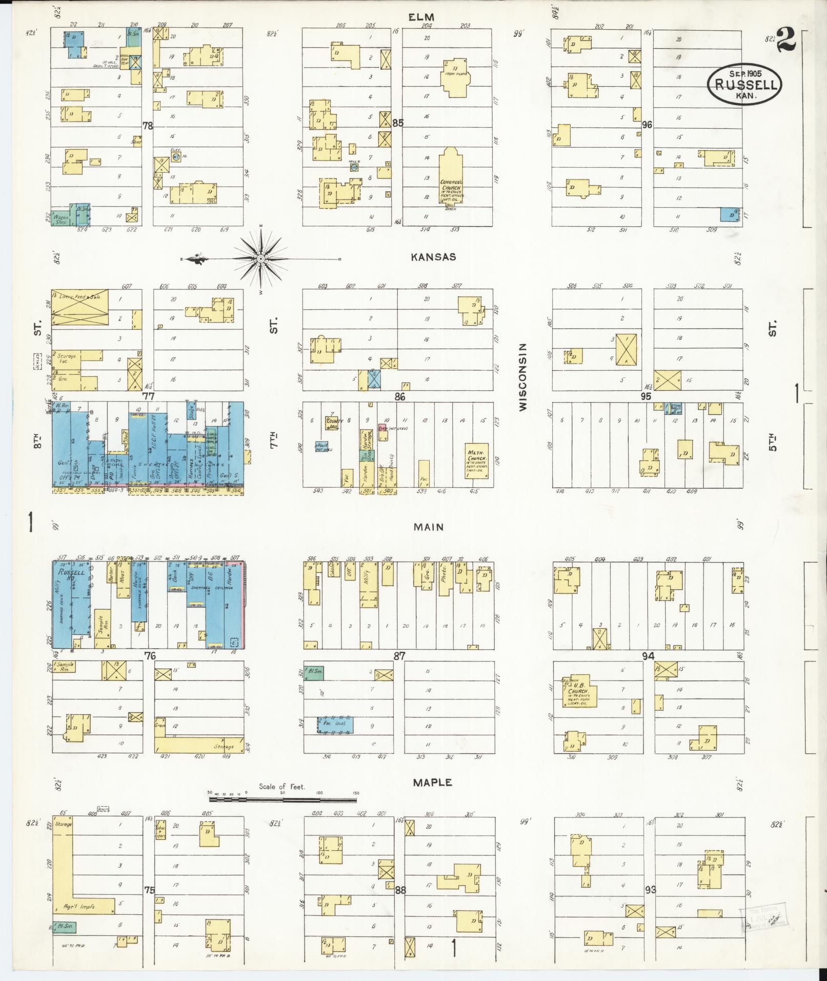 Sanborn Fire Insurance Map from Russell, Russell County, Kansas (1905), Sheet #0002 - Complete Map Set gallery image, historic Sanborn map, vintage wall art, Kansas Kansas