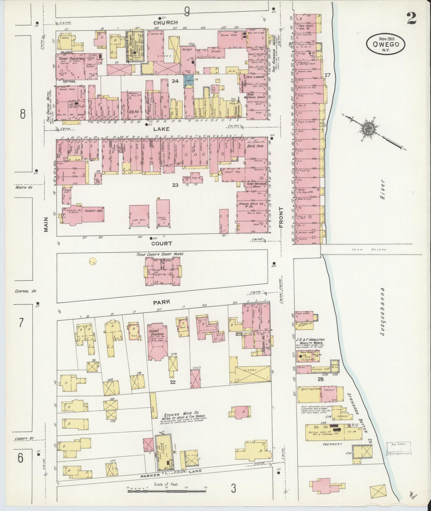 Sanborn Fire Insurance Map from Owego, Tioga County, New York (1910), Sheet #0002 - Historic Sanborn Fire Insurance Map Print, vintage old map wall art, antique decor, genealogy gift, New York New York map