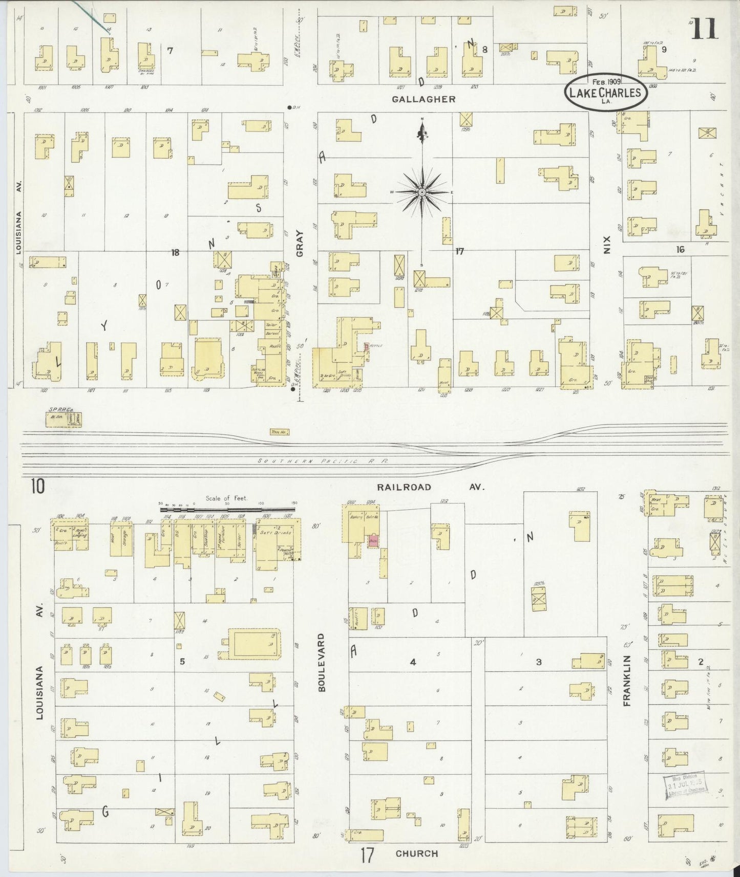 Sanborn Fire Insurance Map from Lake Charles, Calcasieu Parish, Louisiana (1909), Sheet #0011 - Complete Map Set gallery image, historic Sanborn map, vintage wall art, Louisiana Louisiana
