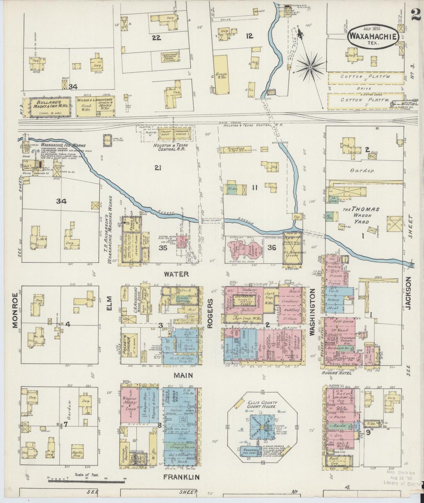 Sanborn Fire Insurance Map from Waxahachie, Ellis County, Texas (1890), Sheet #0002 - Historic Sanborn Fire Insurance Map Print, vintage old map wall art, antique decor, genealogy gift, Texas Texas map