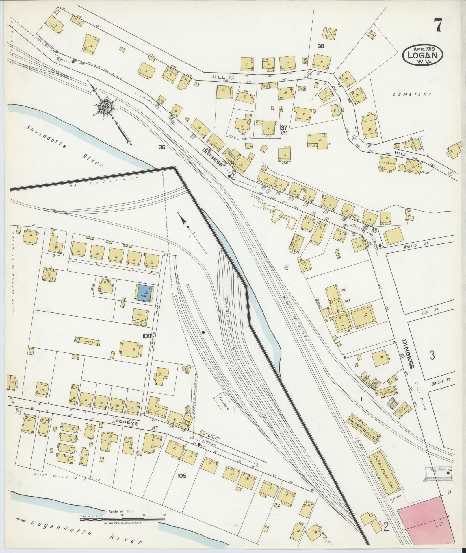 Sanborn Fire Insurance Map from Logan, Logan County, West Virginia (1918), Sheet #0007 - Historic Sanborn Fire Insurance Map Print, vintage old map wall art, antique decor, genealogy gift, West Virginia West Virginia map