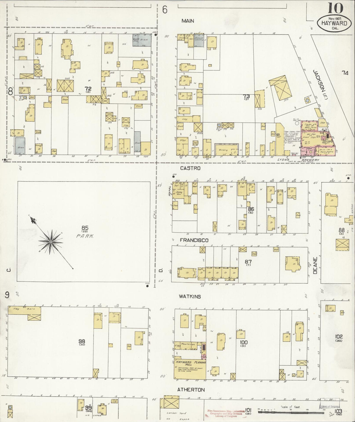 Sanborn Fire Insurance Map from Hayward, Alameda County, California (1907), Sheet #0010 - Complete Map Set gallery image, historic Sanborn map, vintage wall art, California California