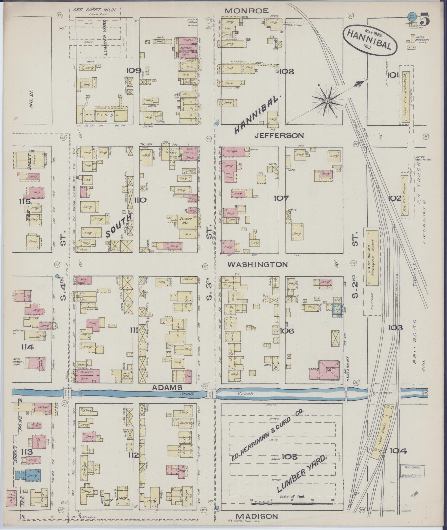 Sanborn Fire Insurance Map from Hannibal, Marion County, Missouri (1885), Sheet #0005 - Historic Sanborn Fire Insurance Map Print, vintage old map wall art, antique decor, genealogy gift, Missouri Missouri map