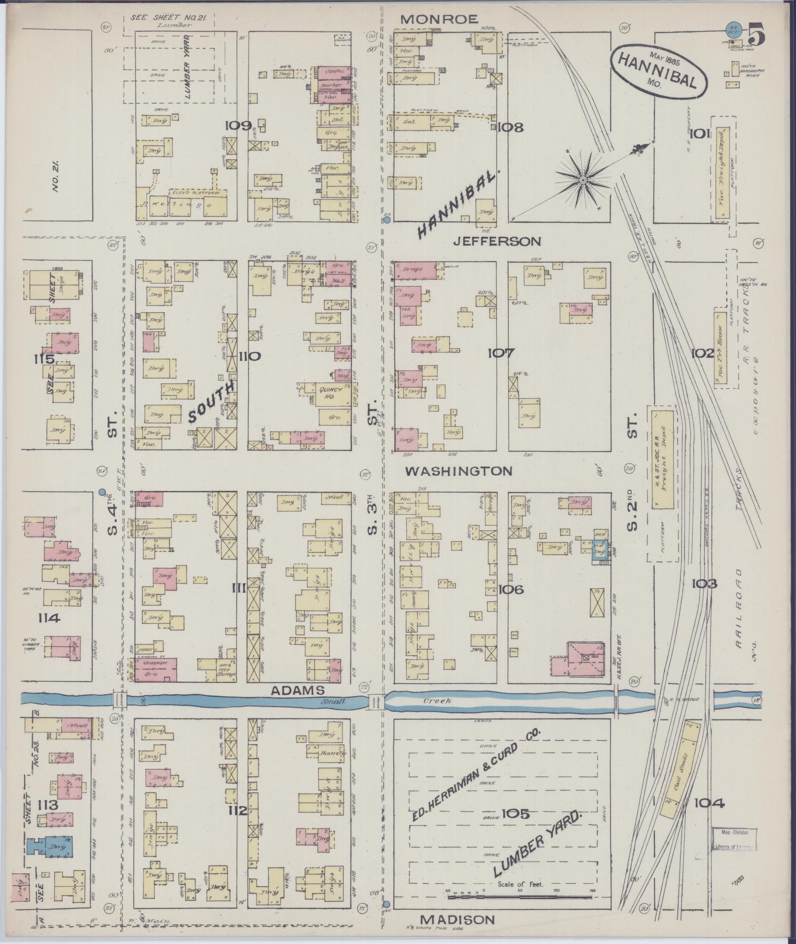 Sanborn Fire Insurance Map from Hannibal, Marion County, Missouri (1885), Sheet #0005 - Historic Sanborn Fire Insurance Map Print, vintage old map wall art, antique decor, genealogy gift, Missouri Missouri map