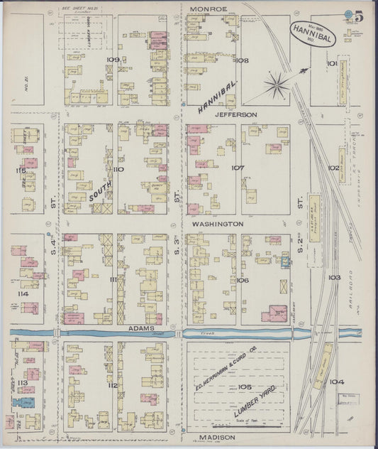 Sanborn Fire Insurance Map from Hannibal, Marion County, Missouri (1885), Sheet #0005 - Historic Sanborn Fire Insurance Map Print, vintage old map wall art, antique decor, genealogy gift, Missouri Missouri map