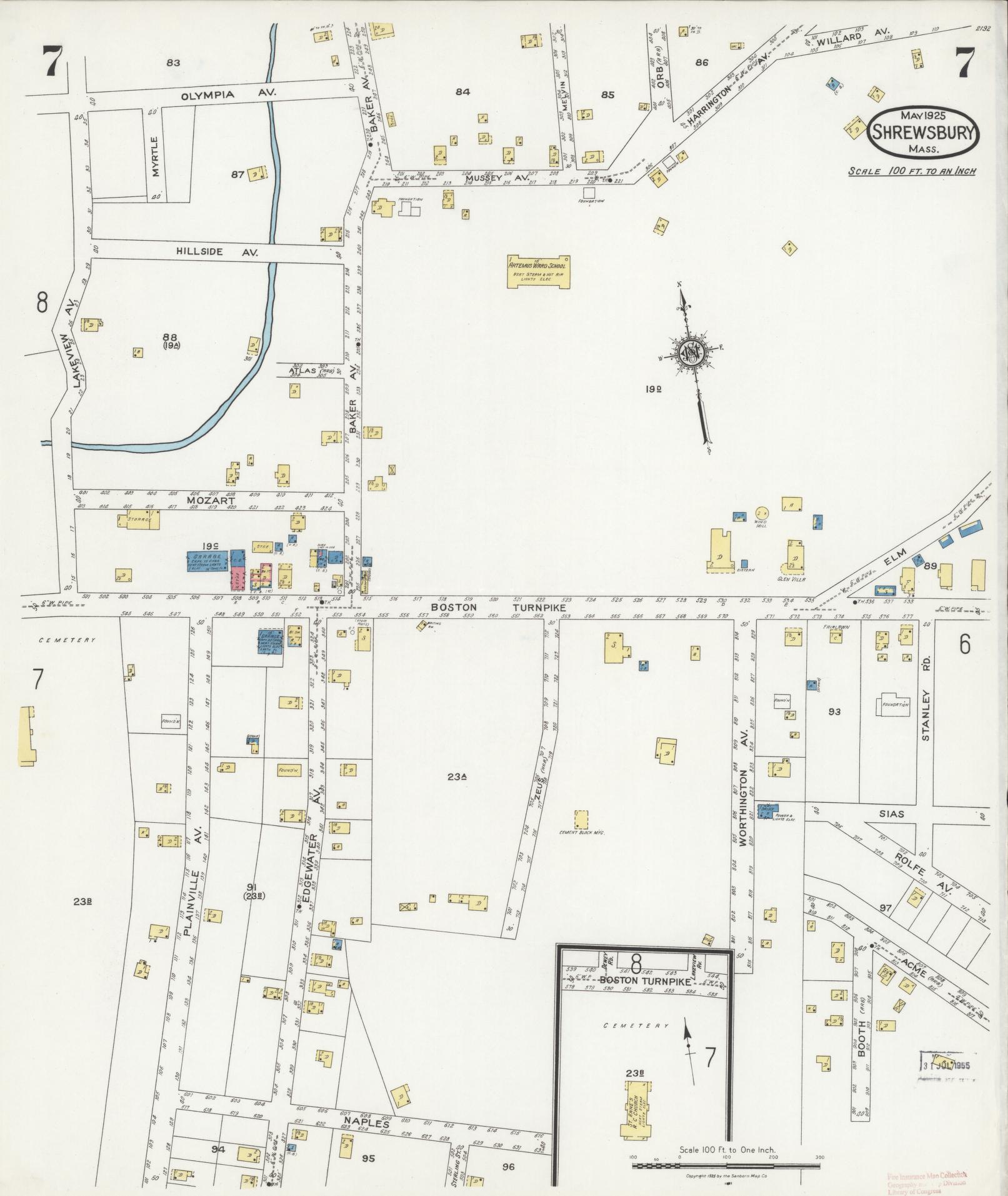 Sanborn Fire Insurance Map from Shrewsbury, Worcester County, Massachusetts (1925), Sheet #0007 - Complete Map Set gallery image, historic Sanborn map, vintage wall art, Massachusetts Massachusetts
