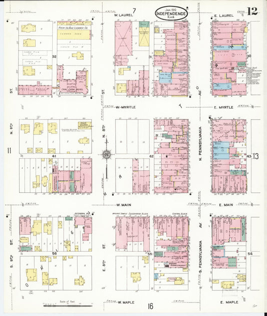 Sanborn Fire Insurance Map from Independence, Montgomery County, Kansas (1910), Sheet #0012 - Historic Sanborn Fire Insurance Map Print, vintage old map wall art, antique decor, genealogy gift, Kansas Kansas map