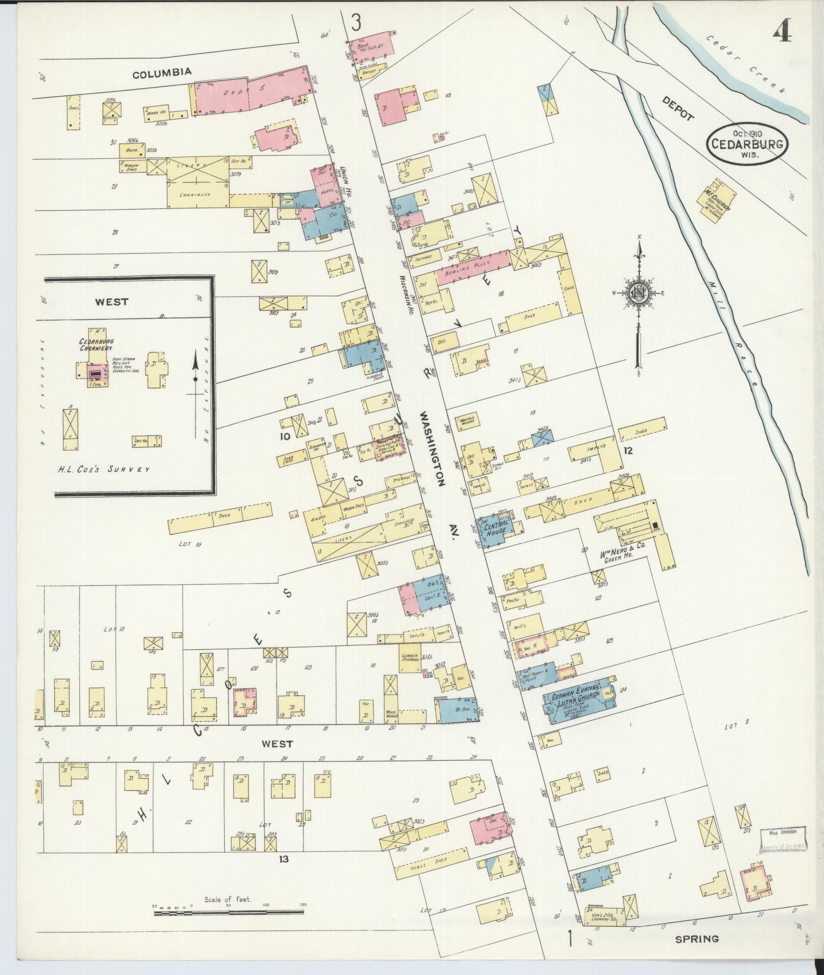 Sanborn Fire Insurance Map from Cedarburg, Ozaukee County, Wisconsin (1910), Sheet #0004 - Historic Sanborn Fire Insurance Map Print, vintage old map wall art, antique decor, genealogy gift, Wisconsin Wisconsin map