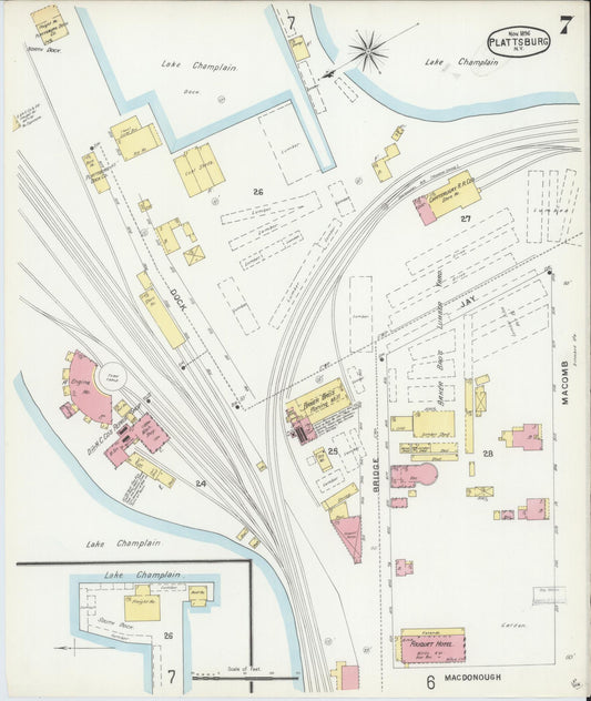 Sanborn Fire Insurance Map from Plattsburg, Clinton County, New York (1896), Sheet #0007 - Historic Sanborn Fire Insurance Map Print, vintage old map wall art, antique decor, genealogy gift, New York New York map