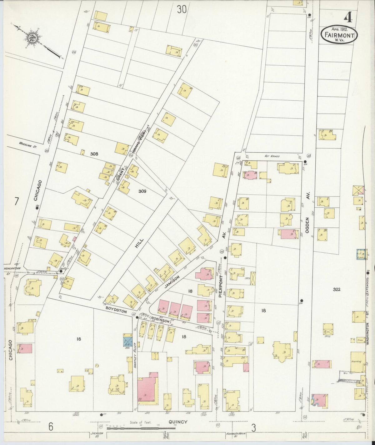 Sanborn Fire Insurance Map from Fairmont, Marion County, West Virginia (1912), Sheet #0004 - Historic Sanborn Fire Insurance Map Print, vintage old map wall art, antique decor, genealogy gift, West Virginia West Virginia map