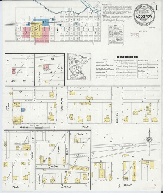 Sanborn Fire Insurance Map from Houston, Houston County, Minnesota (1915), Sheet #0001 - Historic Sanborn Fire Insurance Map Print, vintage old map wall art, antique decor, genealogy gift, Minnesota Minnesota map