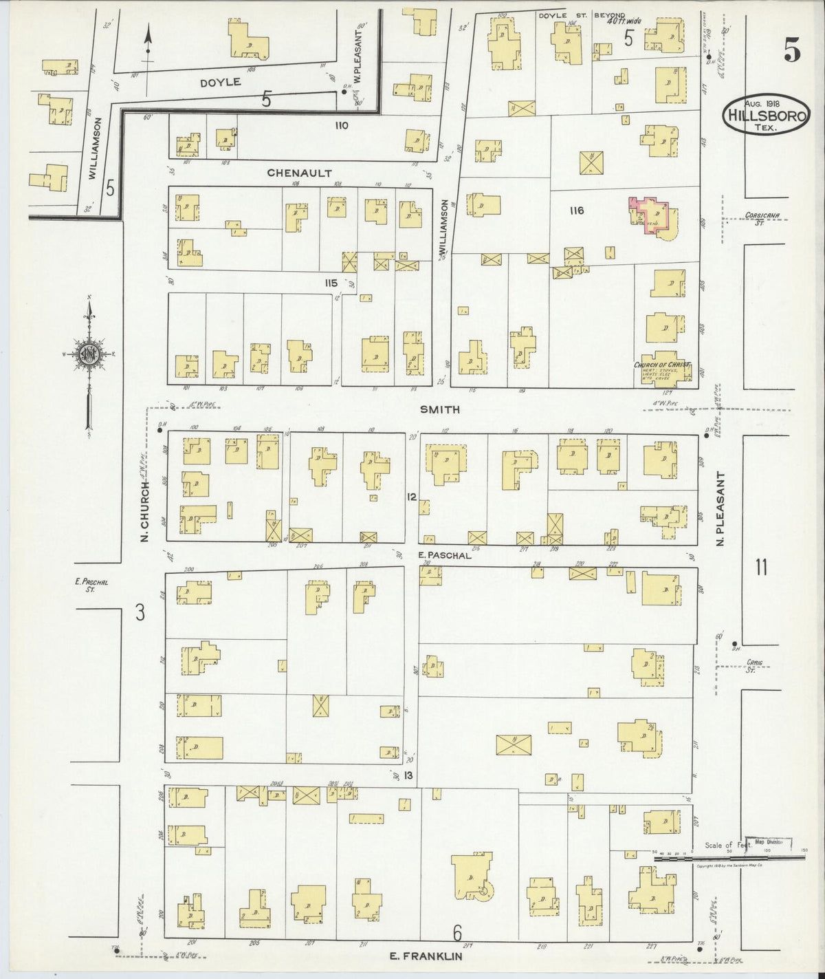 Sanborn Fire Insurance Map from Hillsboro, Hill County, Texas (1918), Sheet #0005 - Complete Map Set gallery image, historic Sanborn map, vintage wall art, Texas Texas