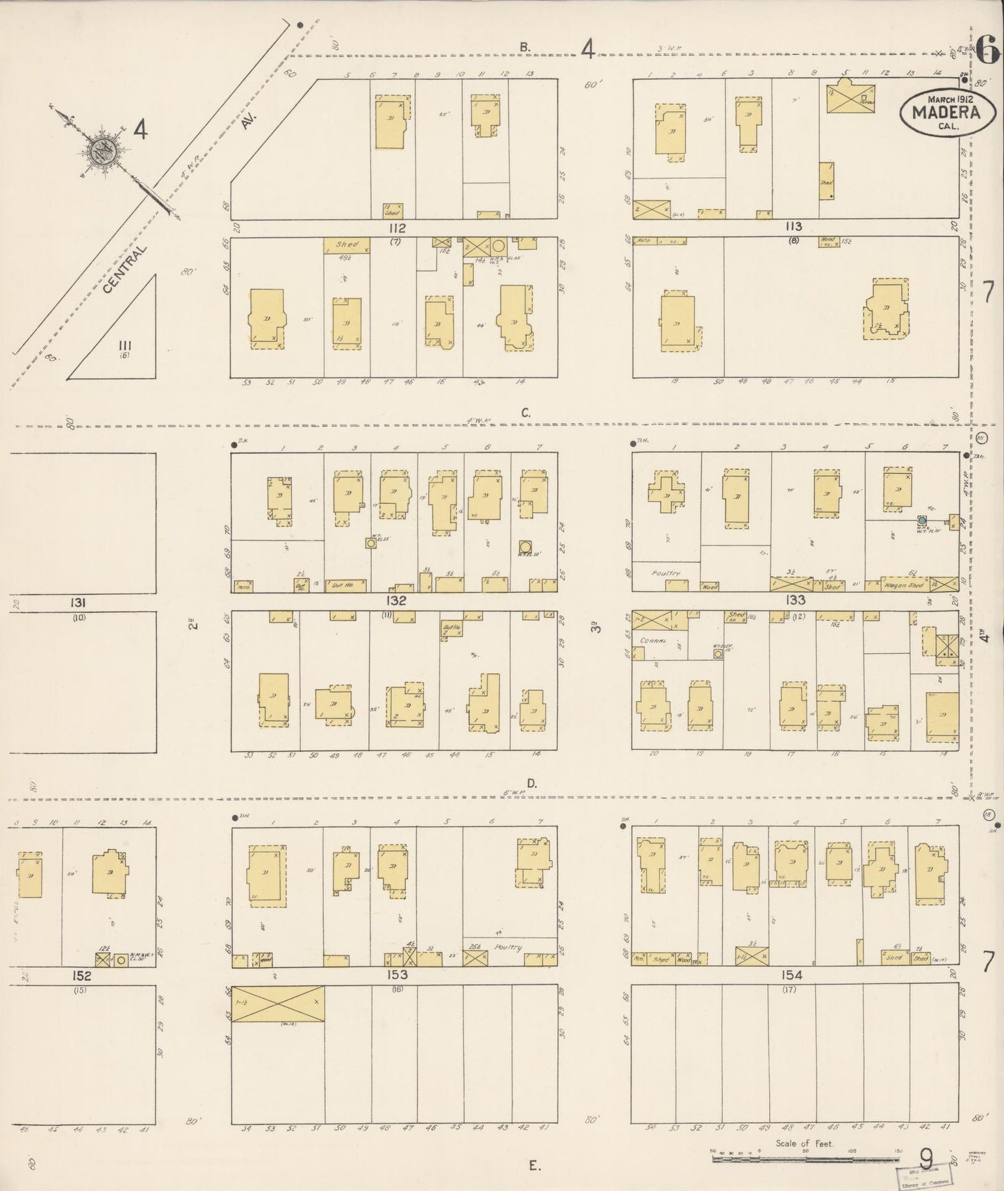 Sanborn Fire Insurance Map from Madera, Madera County, California (1912), Sheet #0006 - Historic Sanborn Fire Insurance Map Print, vintage old map wall art, antique decor, genealogy gift, California California map