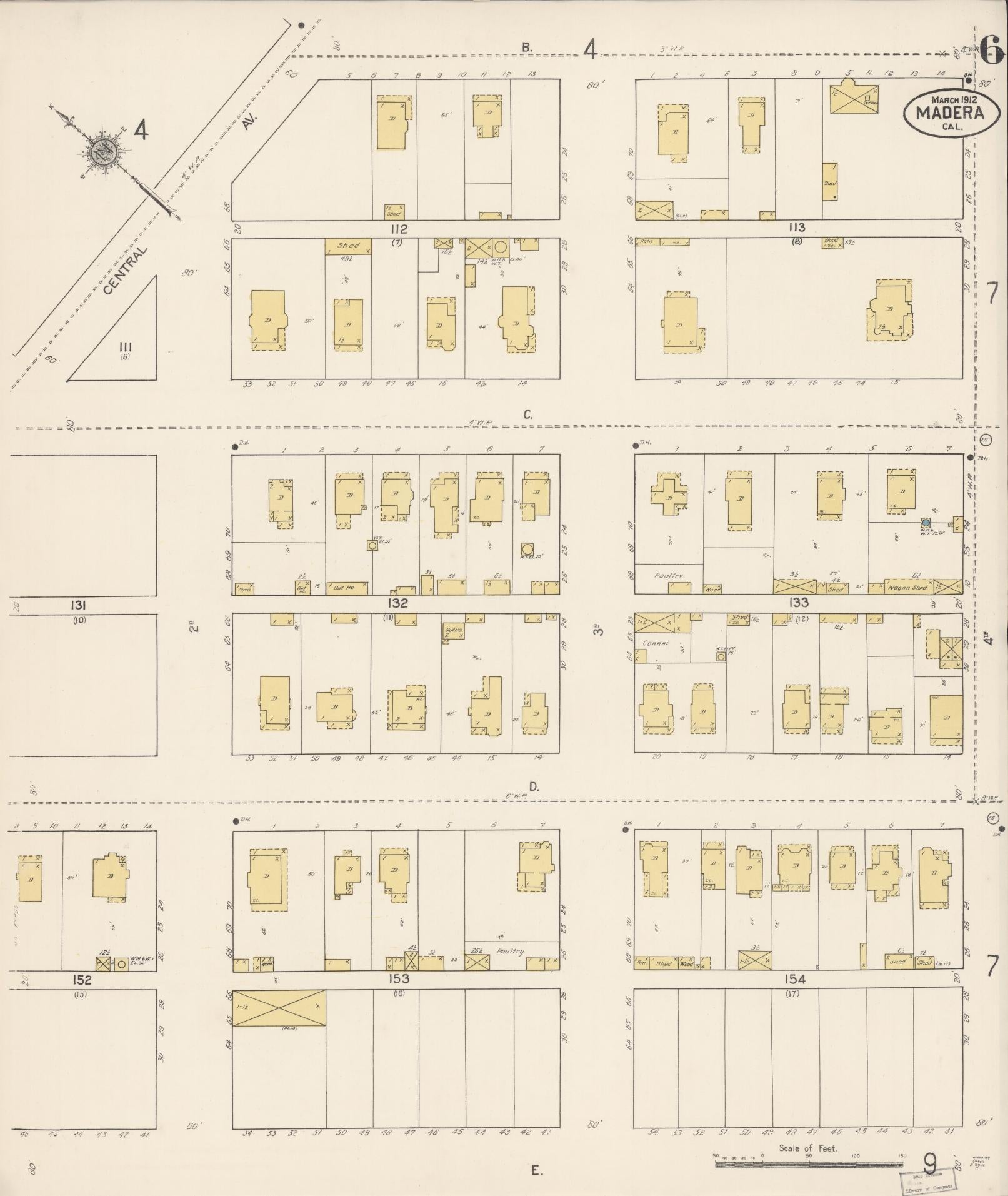 Sanborn Fire Insurance Map from Madera, Madera County, California (1912), Sheet #0006 - Historic Sanborn Fire Insurance Map Print, vintage old map wall art, antique decor, genealogy gift, California California map