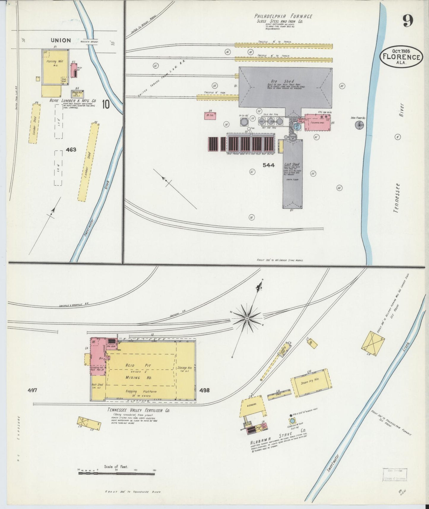 Sanborn Fire Insurance Map from Florence, Lauderdale County, Alabama (1905), Sheet #0009 - Historic Sanborn Fire Insurance Map Print, vintage old map wall art, antique decor, genealogy gift, Alabama Alabama map