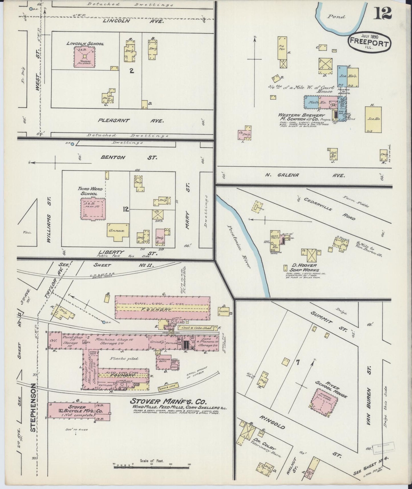 Sanborn Fire Insurance Map from Freeport, Stephenson County, Illinois (1890), Sheet #0012 - Complete Map Set gallery image, historic Sanborn map, vintage wall art, Illinois Illinois