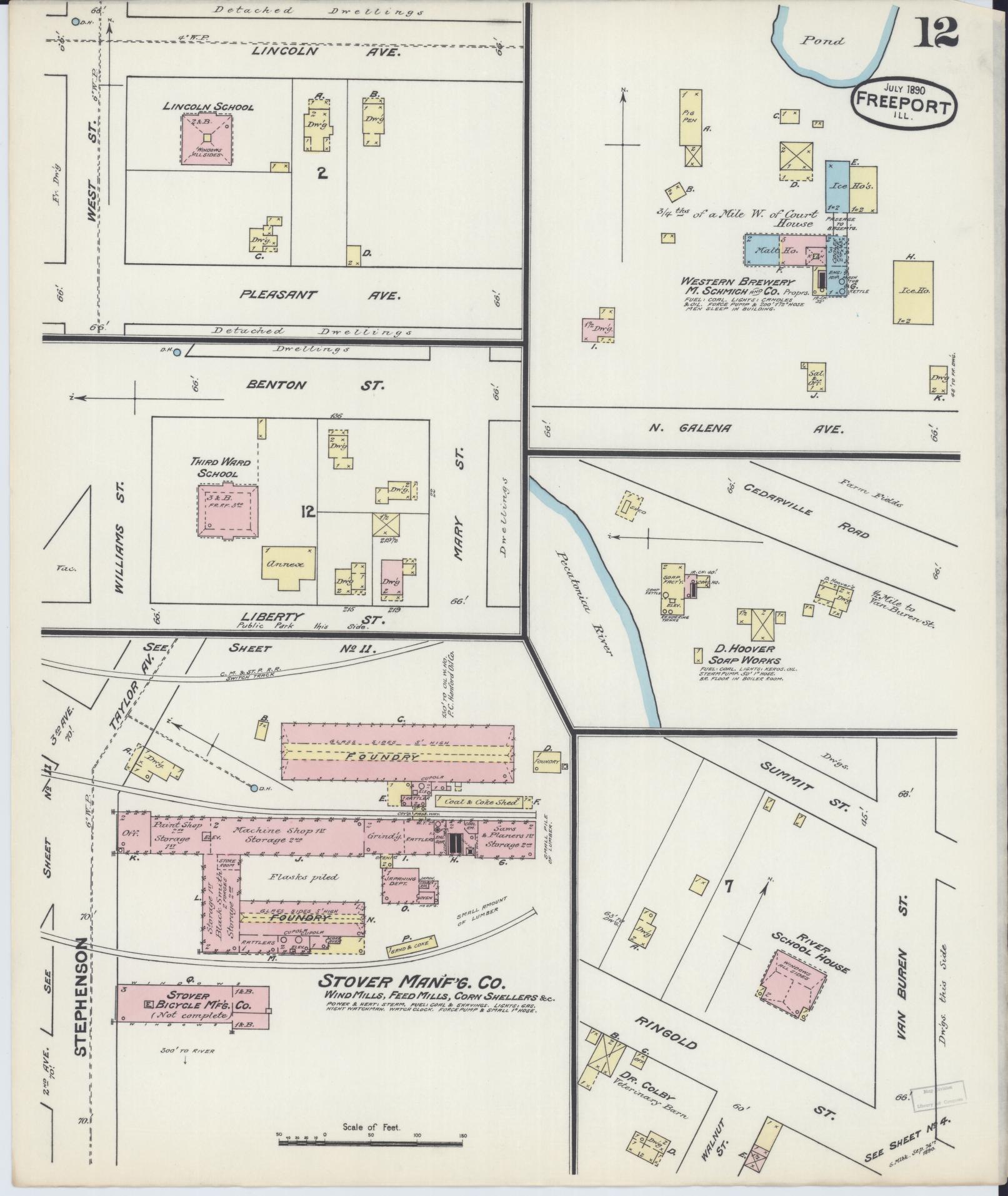 Sanborn Fire Insurance Map from Freeport, Stephenson County, Illinois (1890), Sheet #0012 - Complete Map Set gallery image, historic Sanborn map, vintage wall art, Illinois Illinois